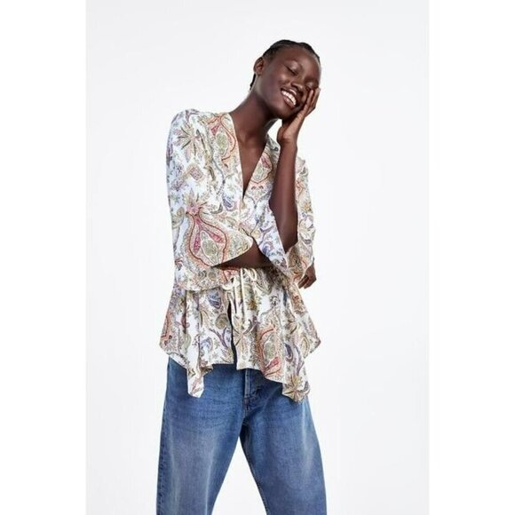 2/$30 Zara Woman Multi-Colour Printed Paisley Top Blouse Size Large - Picture 1 of 14